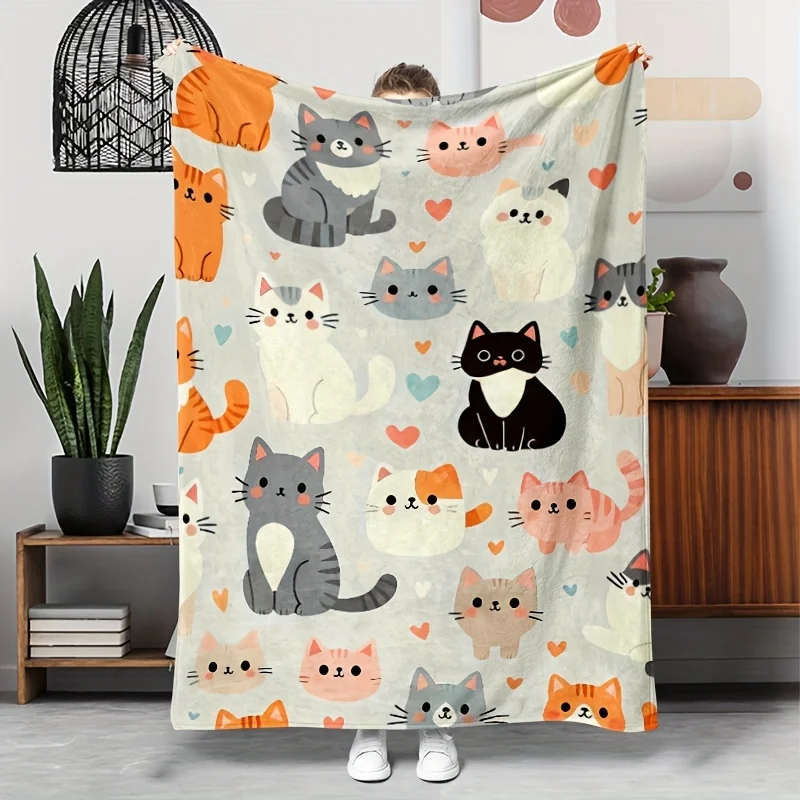 Entzückende Flanelldecke mit Katzenmuster – weicher, gemütlicher Ganzjahresüberwurf für Sofa, Camping, Reisen, niedliche Cartoon-Katzen- und Herzgeschenke