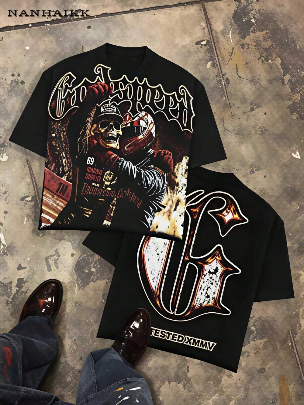 2026 Summer Men Vintage Racing Skeleton T-shirt Oversized Short Sleeve Tee Retro Streetwear Hip Hop Loose Summer Cotton Top