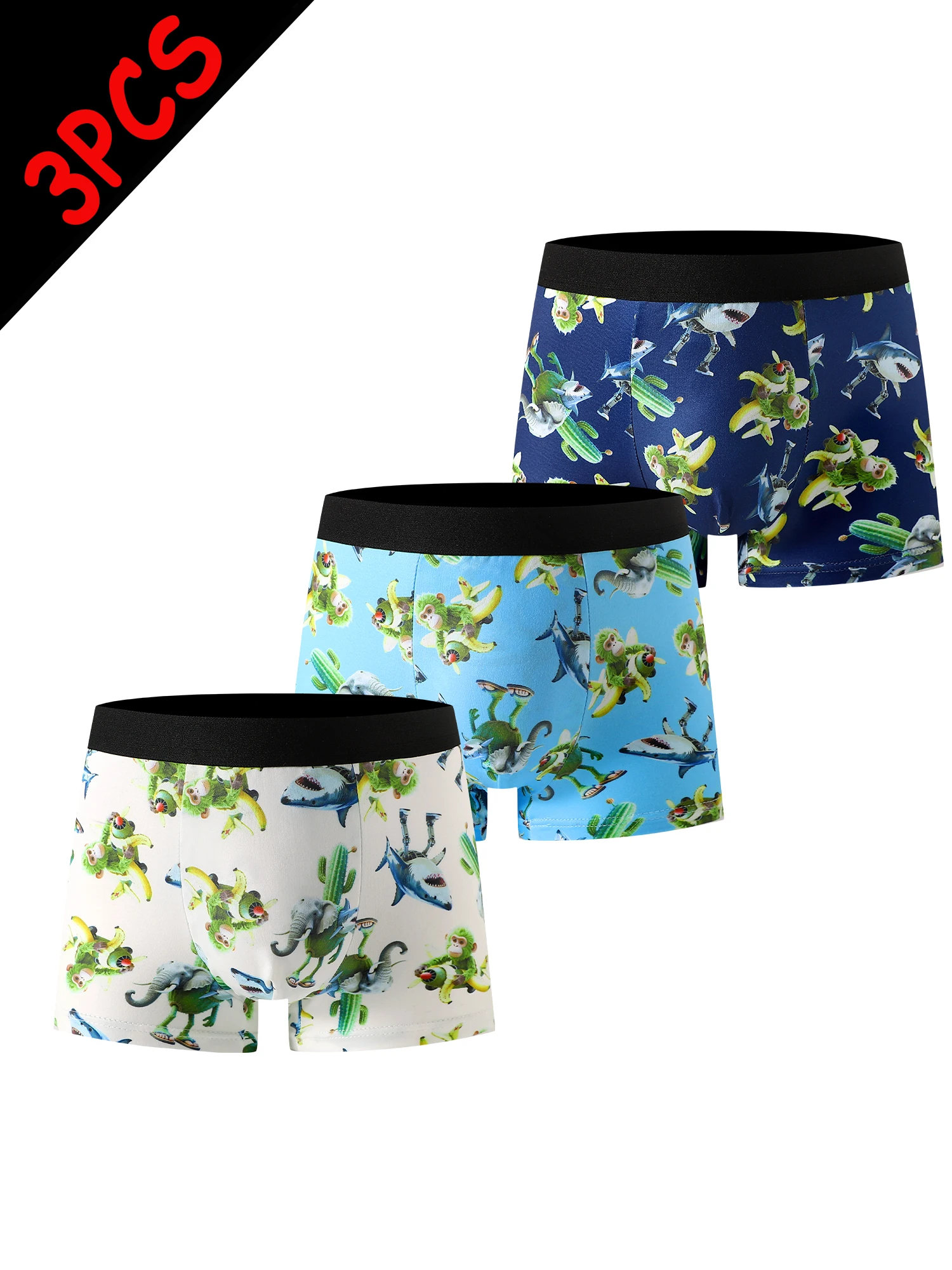 3-Piece Mixed Pack Boys' Boxer Briefs with Banana, Monkey, and Bomber Prints, Soft, Comfortable, and Cute, Suitable for Children Aged 4-10