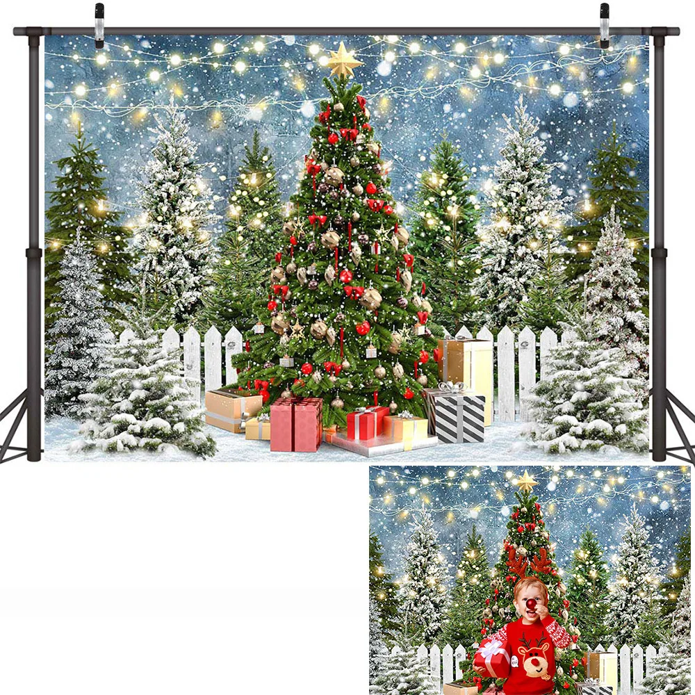 Xmas Snowy Pine Forest Backdrop Red Truck Gifts Paradise Christmas Birthday Photo Background for Children Winter Studio Decor