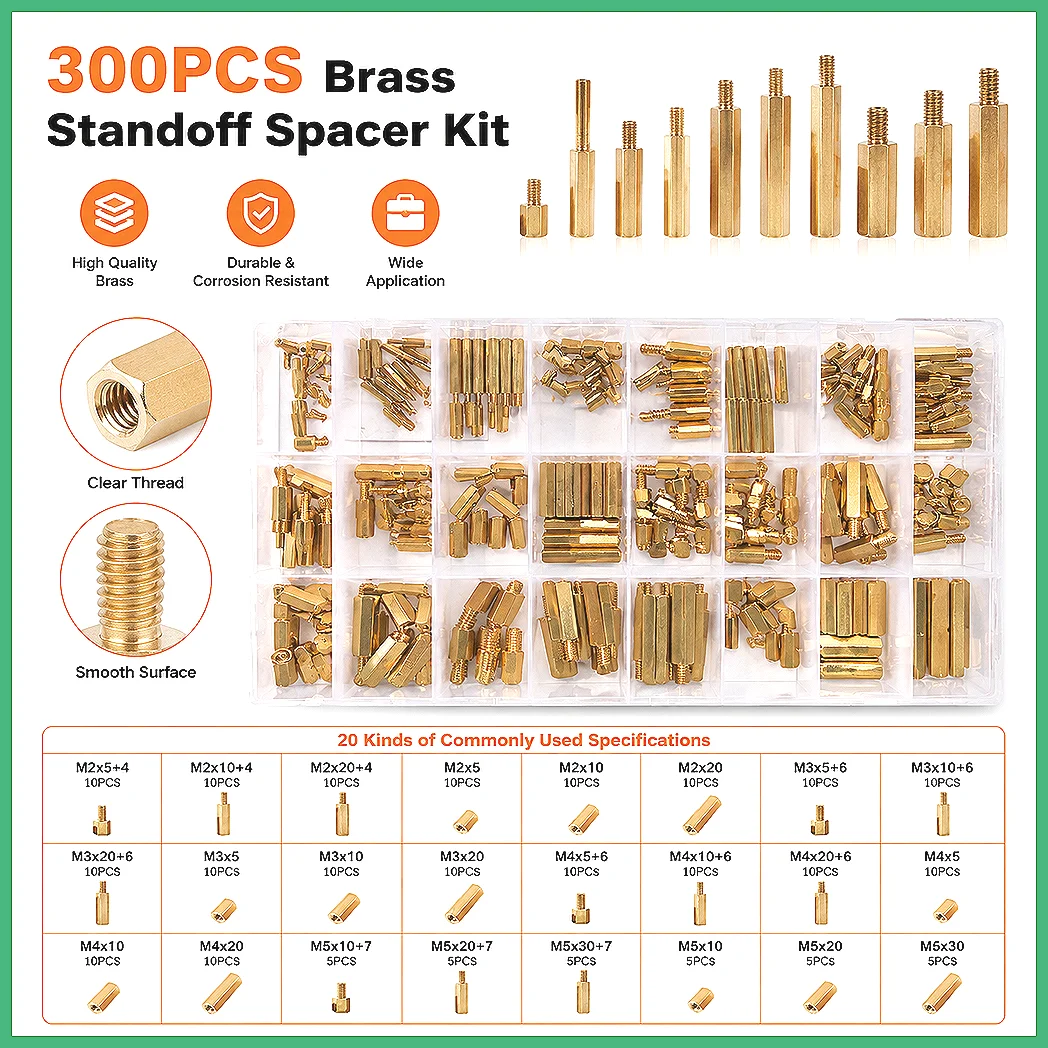 M2 M2.5 M3 M4 M5 M6 Hex Brass Male Female Standoff PCB Spacer Kit, Thread Pillar Mount Screw Nut Assortment, 300pcs