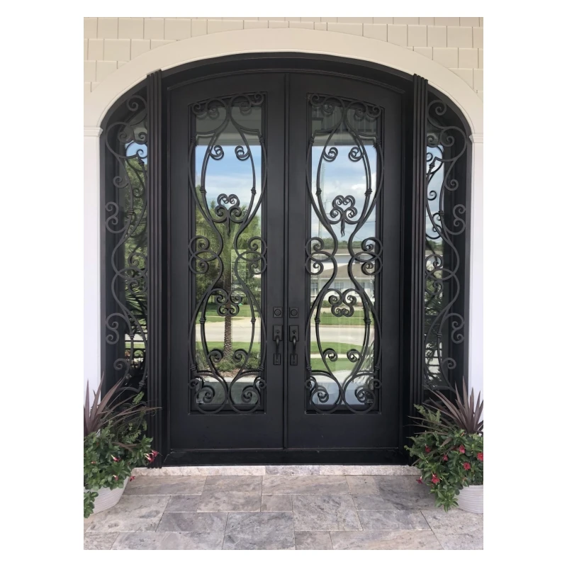 Iron Front Door High Quality Design Arch Top Double Iron Door Designs Wrought Iron Door with Sidelights Hot Selling