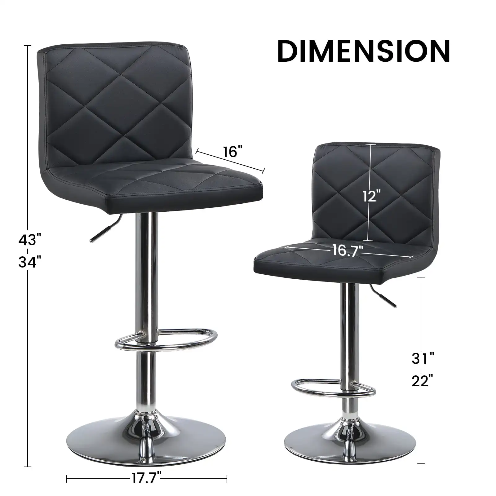 Bar Stools, Modern PU Leather Swivel Adjustable Hydraulic Bar Stool With 16.1” Wide Base Square Counter Bar Stool Set of 2,Black