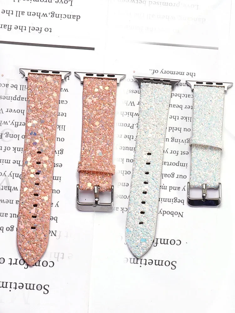 Leather Band for Apple Watch 38mm 40mm Women Bling Diamond 42 41mm 44 45mm 49mm Shiny Glitter Strap IWatch Series 8 7 6 5 4 3 2