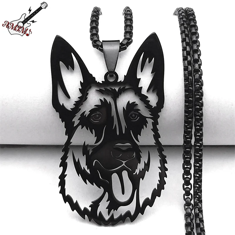 Hiphop German Shepherd Dog Pendant Necklace for Women Men Stainless Steel Black Color Punk Pet Chain Jewelry collar NZZZ532S06