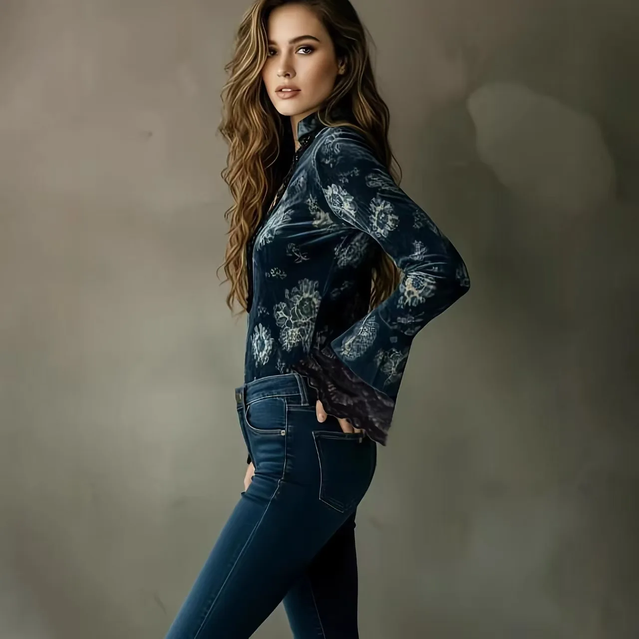 

2026 European and American Velvet Retro Lace Deep V Flared Sleeves Slim and Thin Top Cw33382
