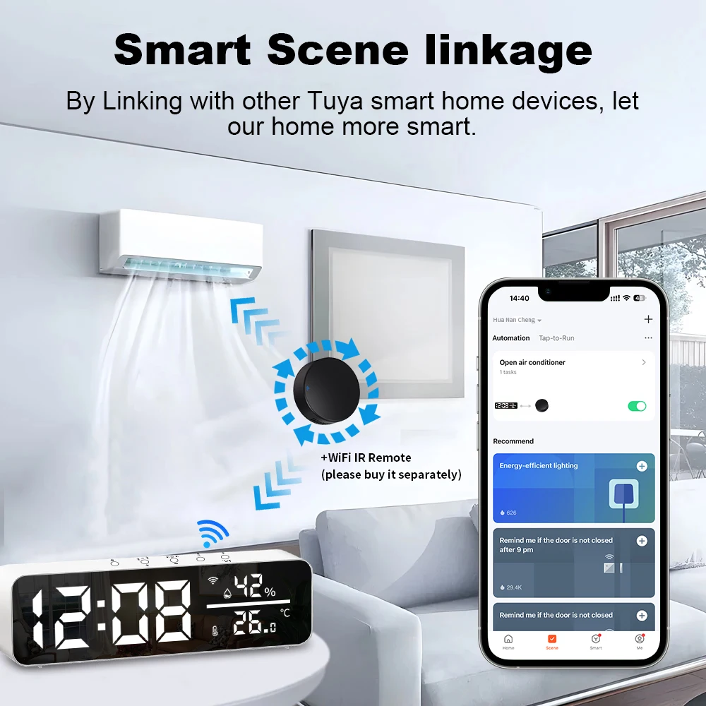 Tuya WiFi LED Wecker Unterstützung Temperatur Feuchtigkeit Sensor Zeit Display USB Desktop Spiegel Uhren für Wohnzimmer Dekoration – Detail 11