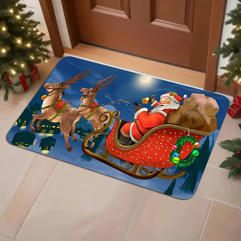 1pc Santa Claus & Reindeer Christmas Door Mat with Sleigh & Sweets Design - Non-Slip Machine Washable Flannel Mat with
