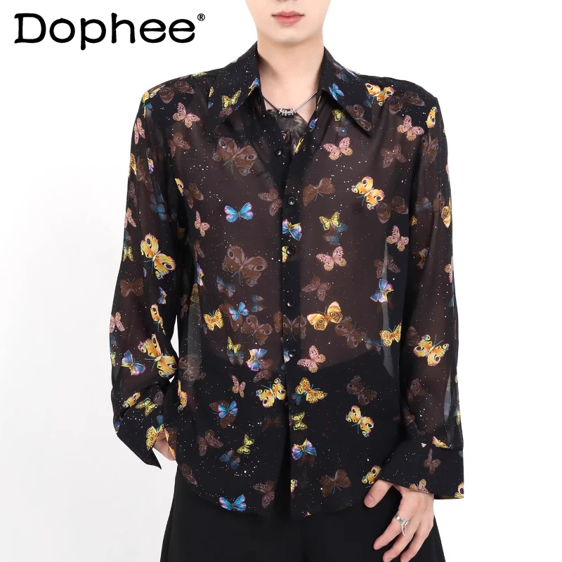 

Butterfly Print Design Shirts Men's 2025 Summer New High-end Niche Light Luxury Hot Diamond Thin Tops Loose Long-sleeve Shirts