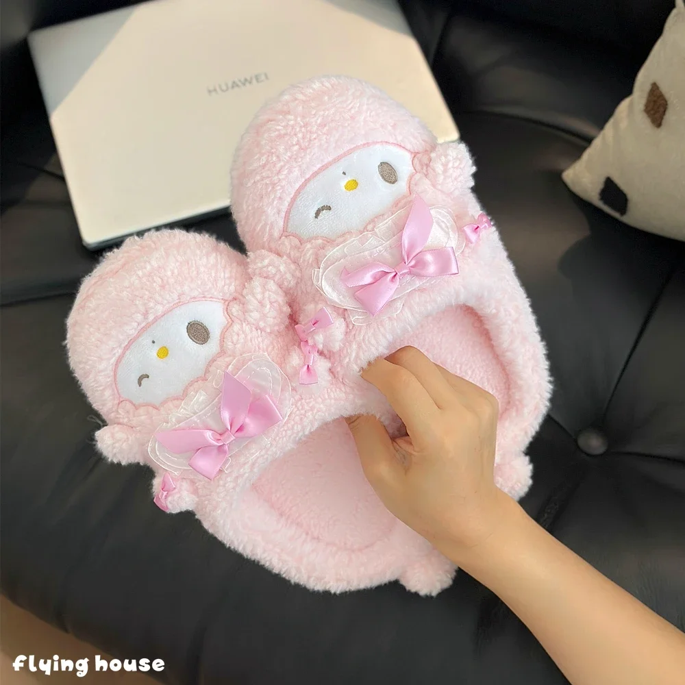 Kawaii My Sweet Piano 플러시 슬리퍼 여성용 부드러운 푹신한 실내 홈 신발 핑크 리본 장식 따뜻한 슬리퍼 미끄럼 방지 슬리퍼