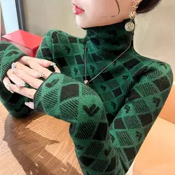 Women Clothing Fashion Turtleneck Argyle Knit Pullovers Autumn Winter Elegant Chic Slim Long Sleeve Long Sleeve All-match Tops