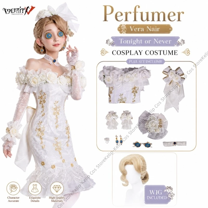 Identity V Vera Nair Perfumer Tonight or Never Cosplay Costume White Rose Dress Necklace Full Set Halloween Comic Con
