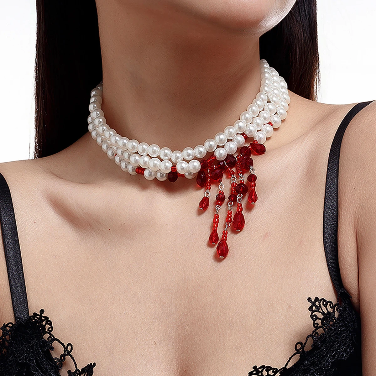 Collar gótico elegante con colgante de borla de cuentas de cristal de sangre, gargantilla de perlas de imitación Y2K de la serie oscura, joyería para fiesta de Halloween para mujer