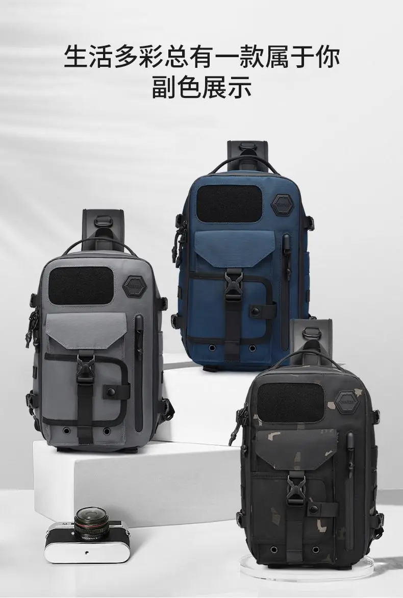 OZUKO Umhängetasche für Herren, Brusttasche, wasserdicht, taktische Taille, Umhängetasche, Reißverschluss, modisch, Outdoor-Sport, großes Fassungsvermögen, Schwarz – Detail 3