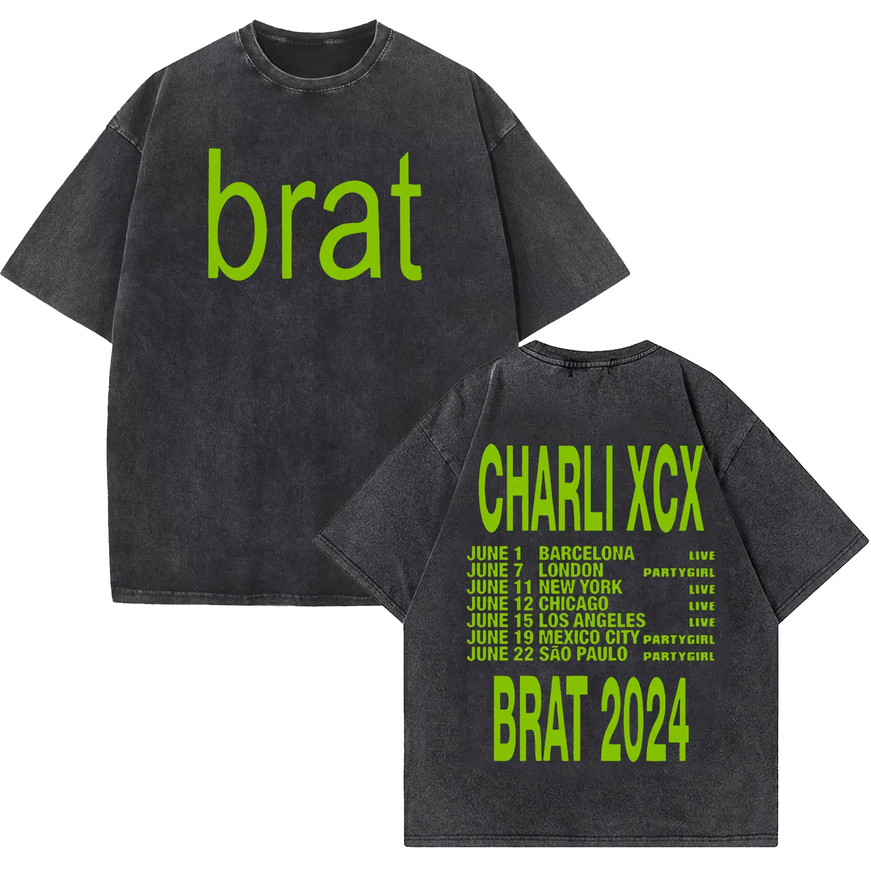 Charli Xcx Brat 2024 Tour Album Letter Print T Shirts Men Hip Hop High Quality Vintage Washed Fashion T-shirt Unisex Streetwear image 6