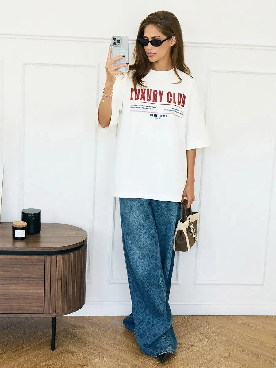 High Quality Soft Cotton T-Shirt Retro Varsity LUXURY CLUB Letter Print Vintage Graphic Loose Fit Casual Short Sleeve Daily Tees