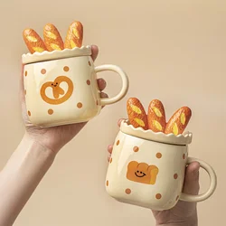 Cartoon Bread Ceramic Coffee Mug with Lid Kawaii Strawberry Cake Water Milk Cup Cute Christmas Birthday Drinkware Gifts