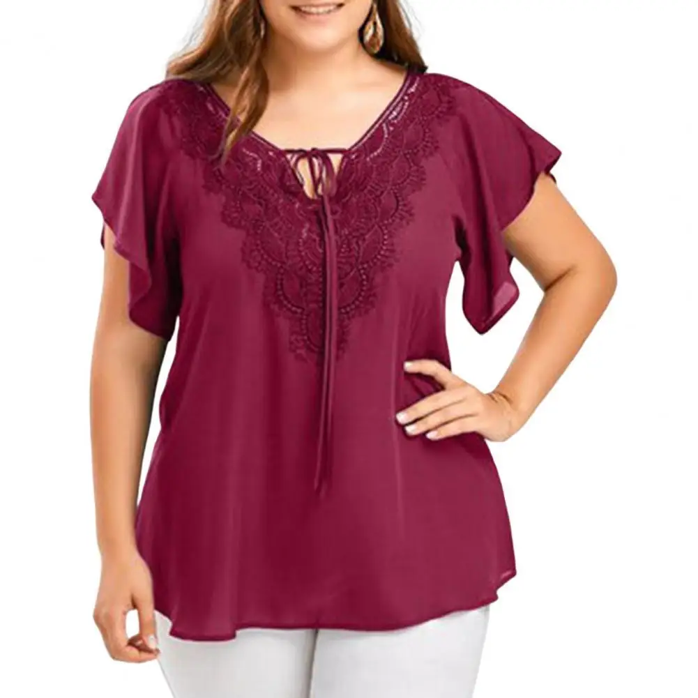 Plus Size XL - 5XL Women Blouse V Neck Pure Color Flare Sleeves Large Hem Casual Top Lady Clothes