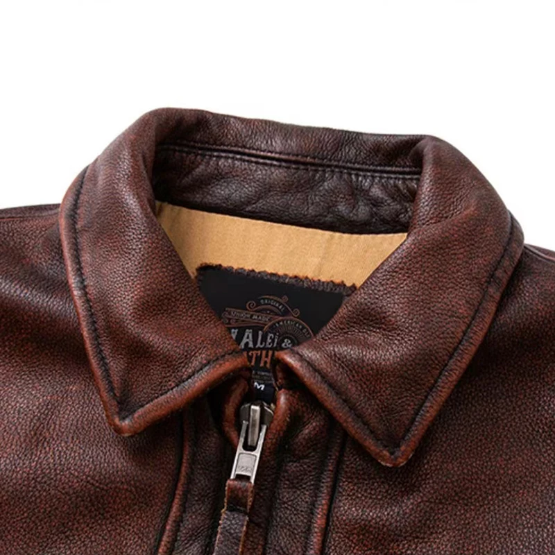 New Bomber Jacket 100% Top Layer Cowhide High Quality Retro Red Brown Lapel Motorcycle Tuxedo Men\'s Jacket