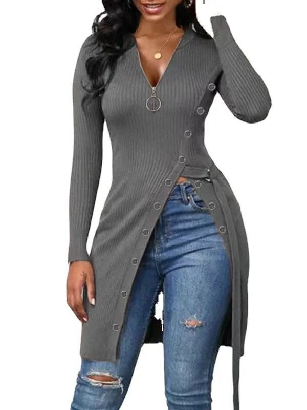 Fashion Spring Autumn Women's V-Neck Long Sleeve High Slit Thread Zip T-Shirt Top