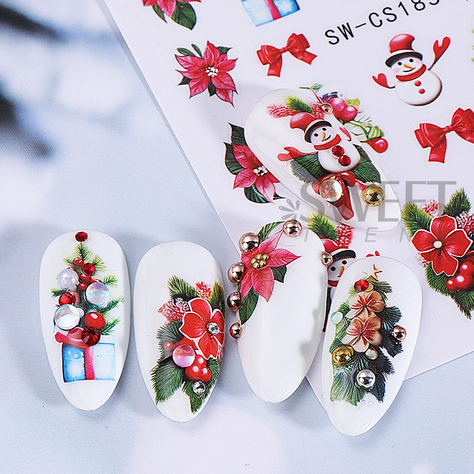 Adesivi per nail art natalizi 3D Simpatico cartone animato Pupazzo di neve Decalcomanie Renna Fiocco di neve Lampada Cursori a sfera Decorazioni per manicure fai da te per le vacanze