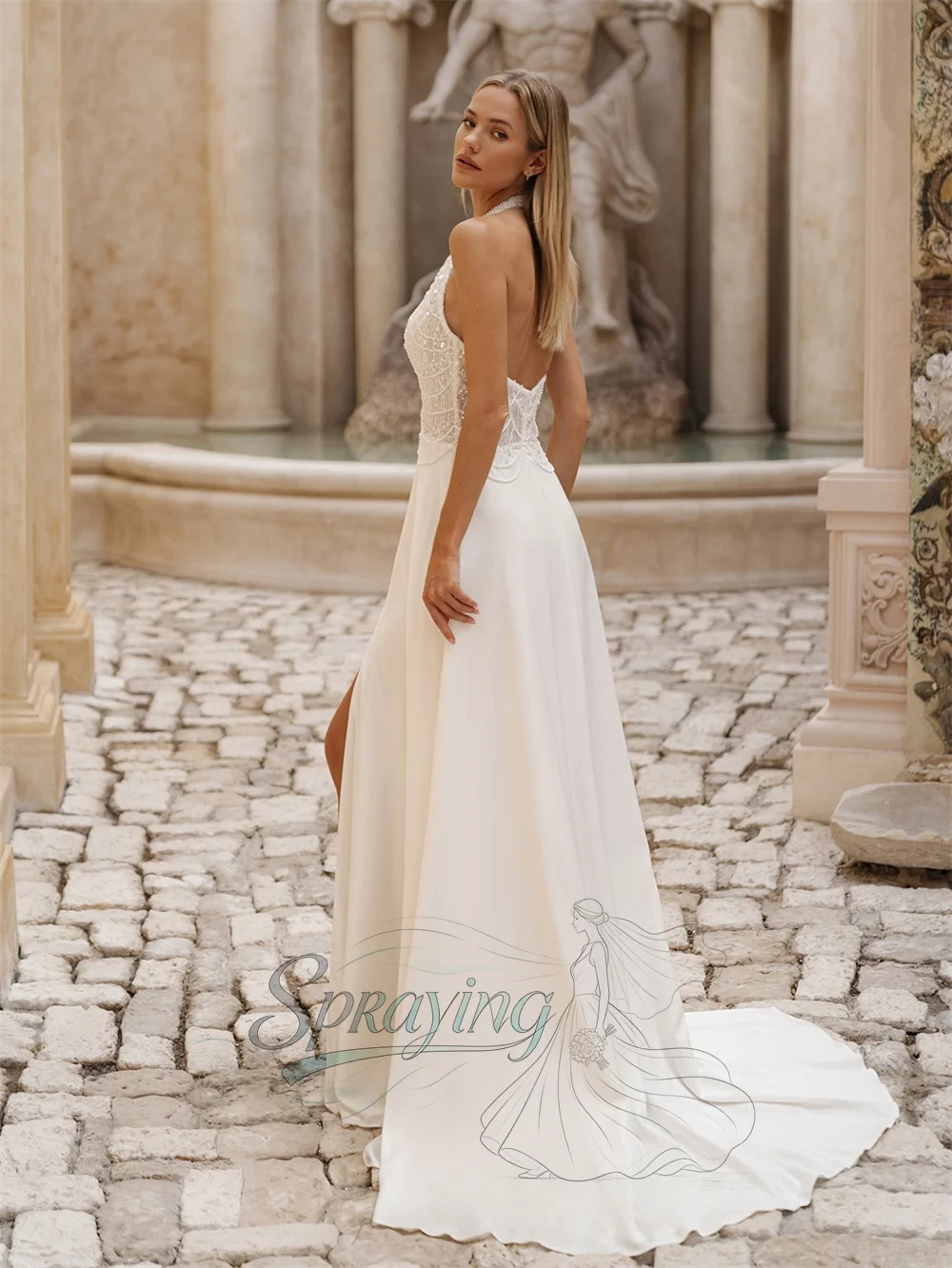 SPRAYING Luxury Halter Wedding Dress Beaded Bodice Backless Satin A Line Bridal Gown High Split Sweep Train Wedding Customized