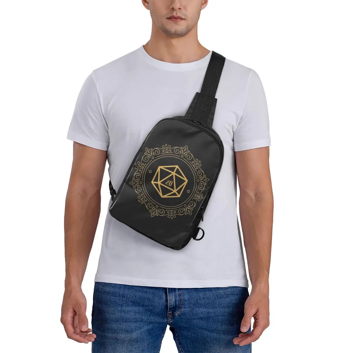 

Polyhedral D20 Dice Monogram Bronze Tabletop RPG Chest Bag Crossbody Backpack Sling Shoulder Bag For Men Hiking Daypack