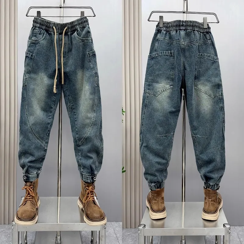 

Cool Men's Loose Cuffed Jeans with Multiple kets Splicing Harlan Pants Youthful Vintage Trendy Knife Jeans