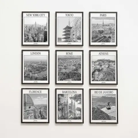 Cartaz de Viagem Preto e Branco, Roma, França, Barcelona, Londres, Rio de 37A, Roma, Roma, Nova York, Nova York