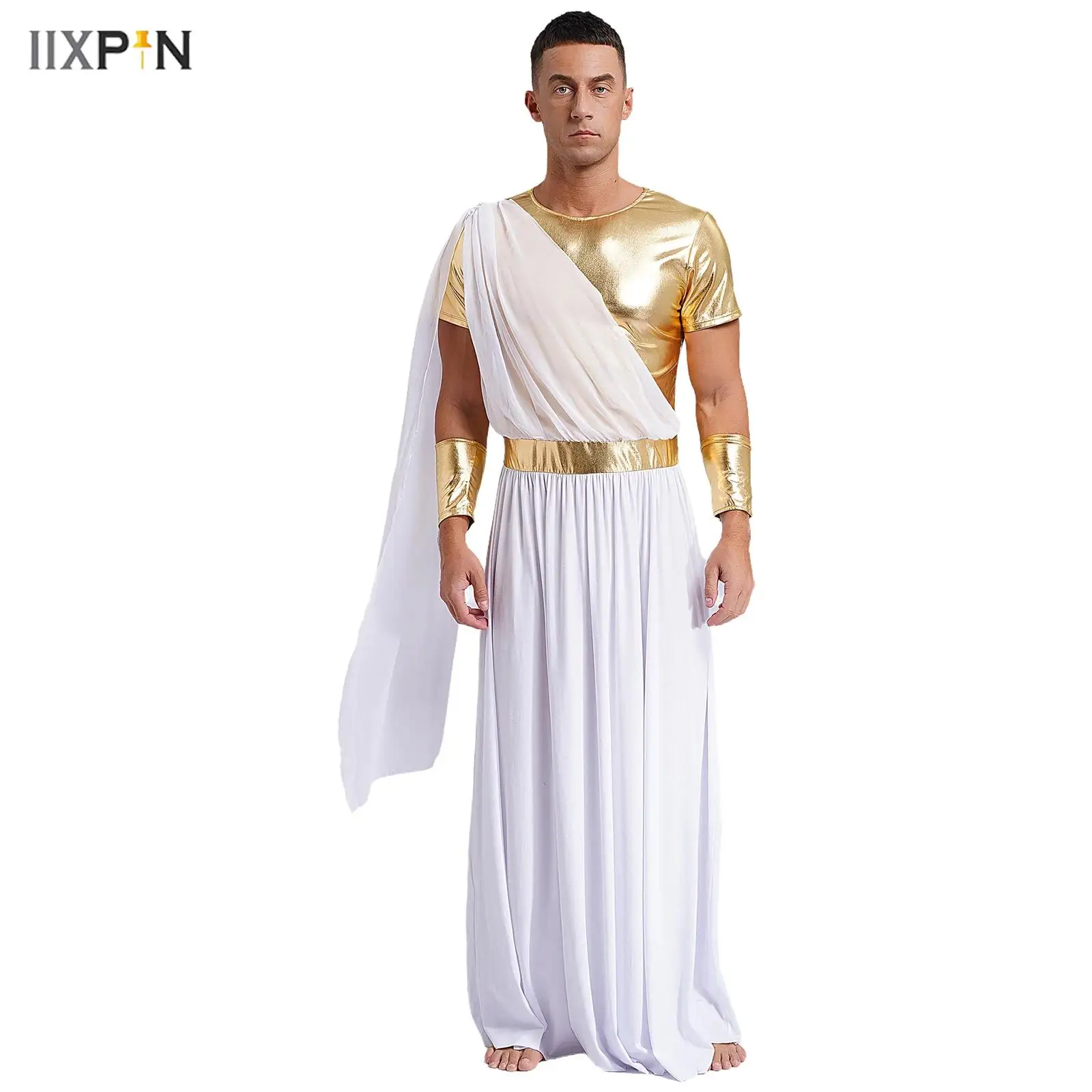 

Mens Halloween Ancient Greek Toga Dress Short Sleeve Metallic Patchwork Robe with Wristband Pullover Tunic Cosplay Roman Costume