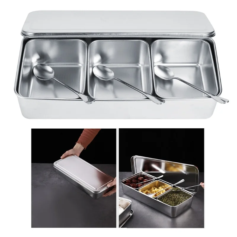 

Набор контейнеров для специй из нержавеющей стали с 3 отделениями, крышками и ложками