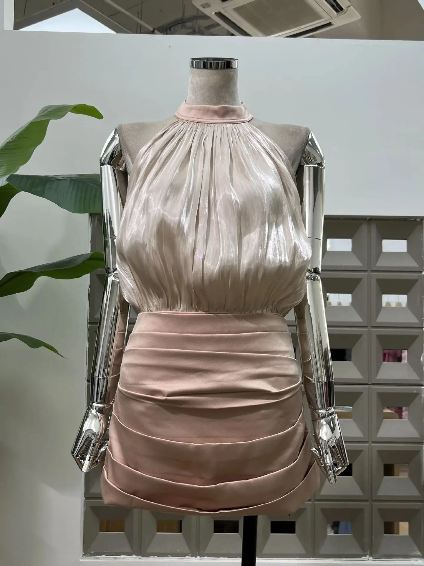 

Summer Women's Dresses 2025 Chic Sweet Sexy Glitter Tulle Patchwork Pleated Halter Neck Party Cocktail Evening Gown Fashion Club