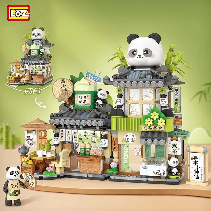 New Loz Building Block Original MINI Little Bear Cafe Panda Tea House Foldable Streetscape Decoration Model Children's Toys Gift