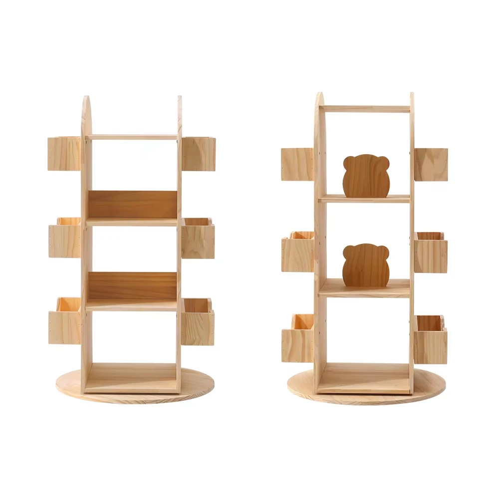 خزانة كتب خشبية للأطفال، رف كتب، أثاث مكتبة الأطفال، رف تخزين كتب دوار بعجلات