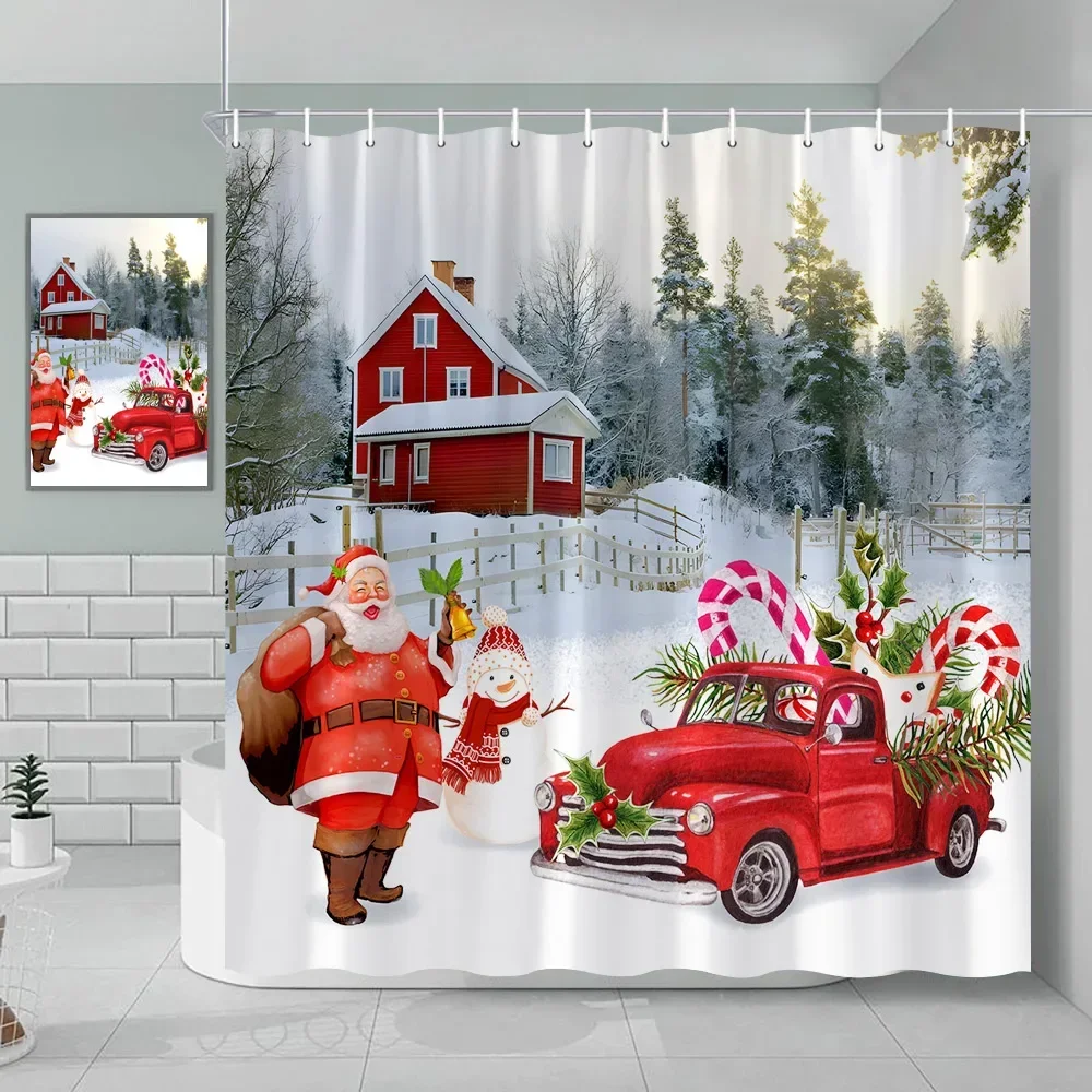 Christmas Shower Curtain, Santa Claus Snowman Winter Farm Animals Christmas Tree Merry Christmas Holiday, Bathroom Decor