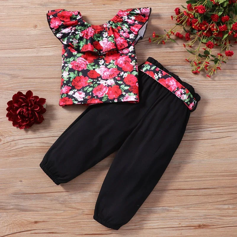 Summer Toddler Infant Clothes Baby Clothing Set Boho Rose Flower Turndown Collar Tops+belt Long Pants 2 Pcs Sets Baby Suit 0-18M