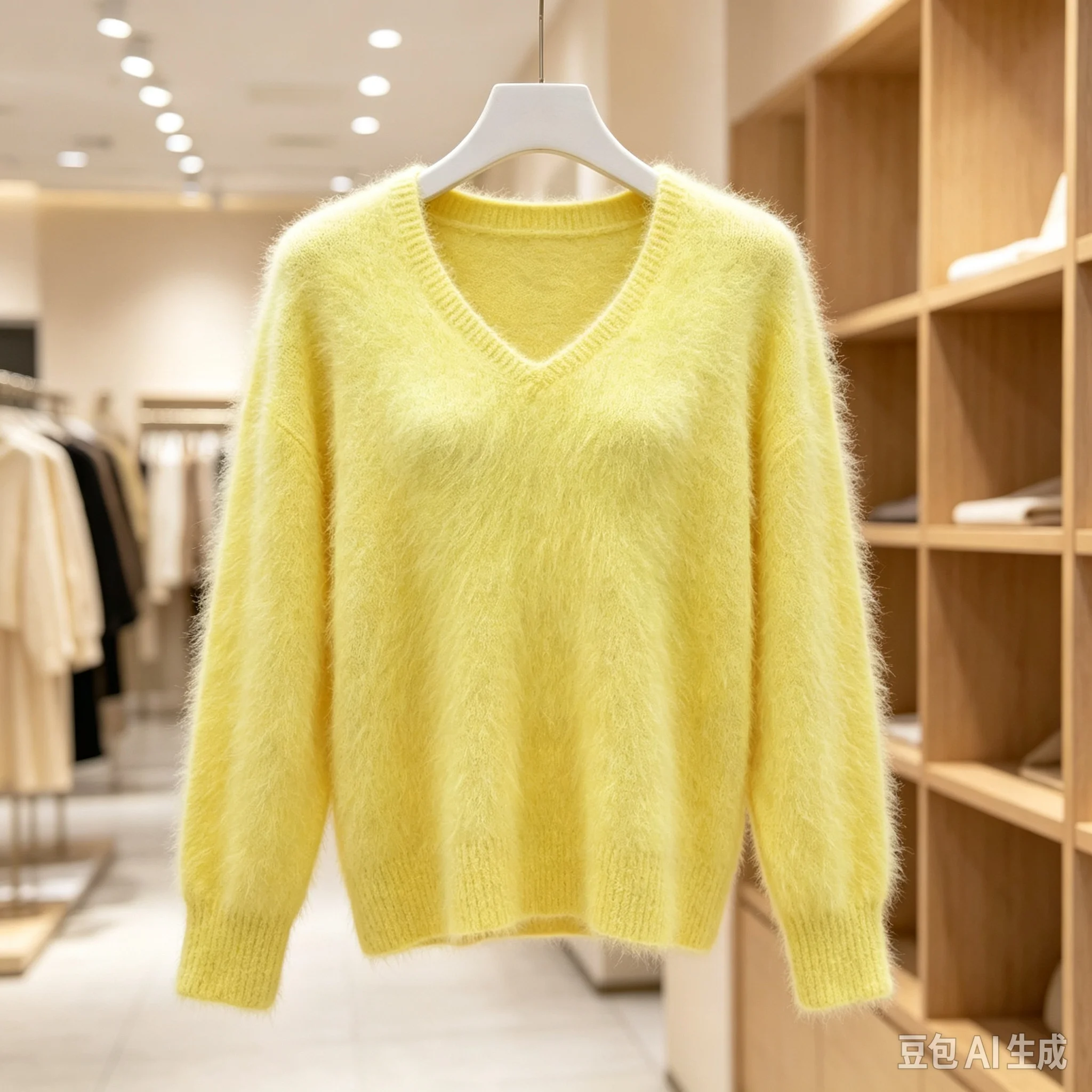 Ladies Women Fashion Soft Hairy Angora Rabbit Hair Knitted V-Neck Long Sleeves Loose Pullover Mink Fur Sweater Jumper Pull Tops