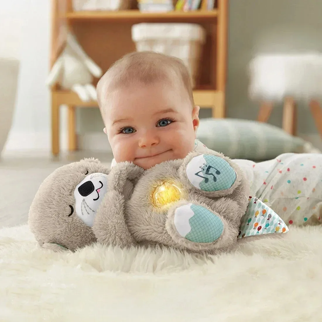 Baby Breathing Bear Baby Soothing Otter Plush Doll Toy Baby Kids Soothing Music Sleeping Companion Sound and Light Doll Toy Gift