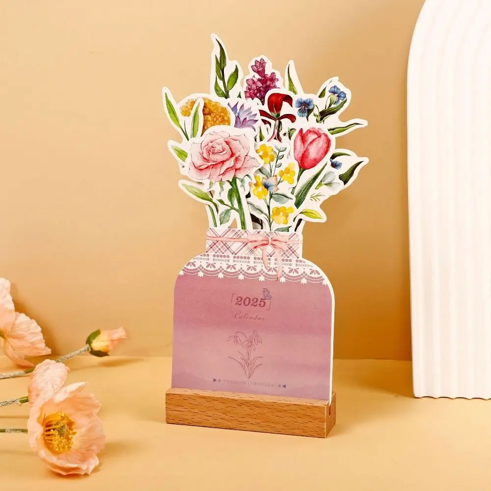 With Base 2025 Desktop Calendar Card Insert Design Traditional Floral Desk Calendar Paper Craft Snake Year Wooden Calendar