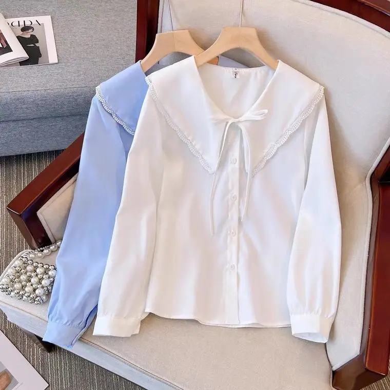 

Новая женская модная блузка с воротником-стойкой и завязками, весна-осень, в корейском стиле, свободного кроя, с длинным рукавом