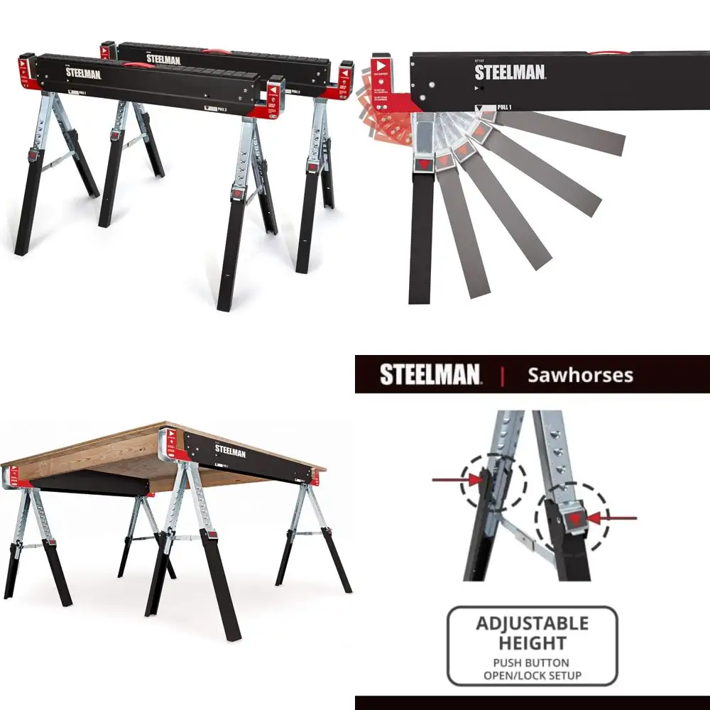 مجموعة من أشرطة قابلة للطي بارتفاع قابل للتعديل مكونة من قطعتين، هيكل فولاذي متين، دعم طاولة 2 × 4، طاولة عمل محمولة مع قابلة للطي #1