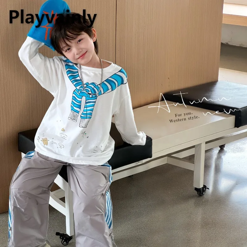 

Boys' Spring and Autumn Fashion T-shirt Blue Shawl Print Round Neck Long Sleeve Tops Children Loose Tees Daily Clothing A5019