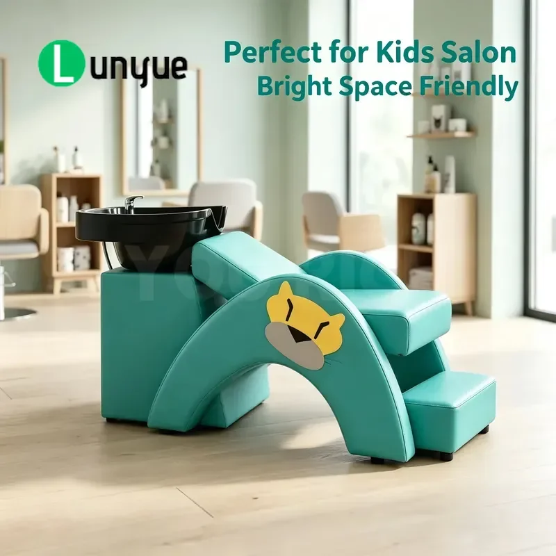 Children Shampoo Chair Cartoon Design Haircut Bed with Black Ceramic Sink Leather Furniture for Kids Hair Washing