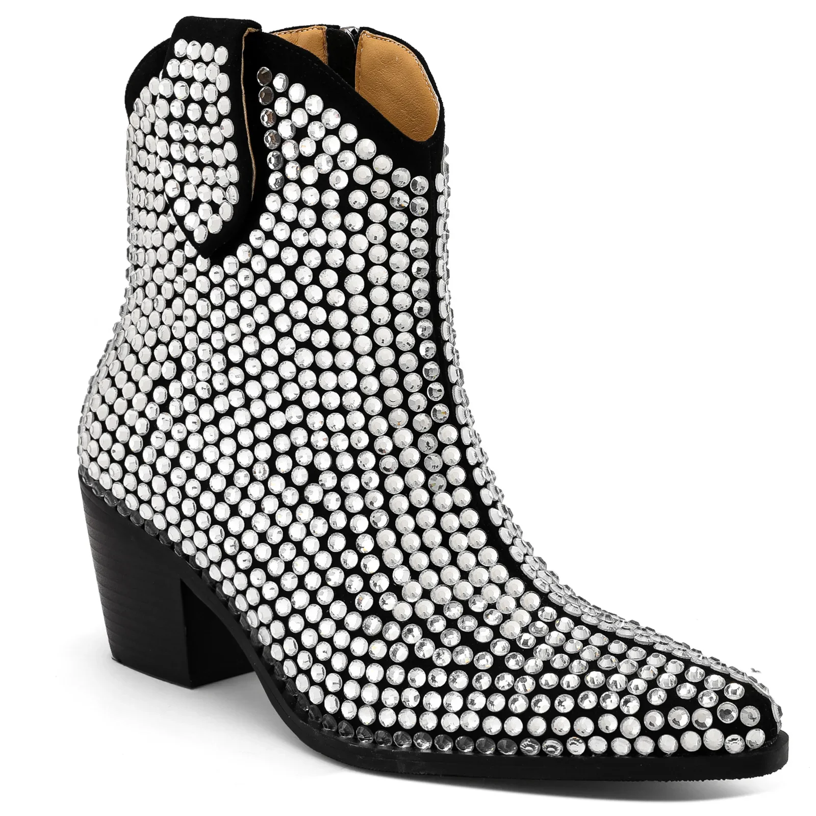 

Thick Heel Hot Rhinestone Side Zip Ankle Boots Pointed Toe High Heel Botines Street Style Trendy Plus Size Women Botas Femininas