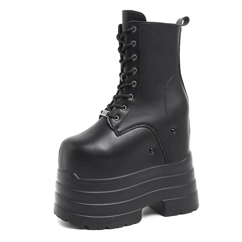 Height Increasing Women High Boots Black Leather Thick Bottom Platform Shoes Side Zip 2027 Gothic Punk Short Boots Street Style