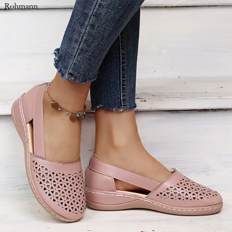 

2025 Pink Leather Hollow Out Autumn Slip On Wedges Sneakers Women Casual Flats Shoes