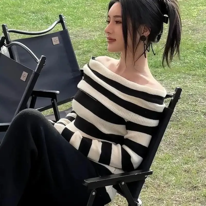 Prinzessin Eine Schulter Gestreiften Pullover Mädchen Mode Sexy Lange Ärmeln Gestrickte Krawatte Hemd Frühling Herbst Kleidung mädchen geschenk