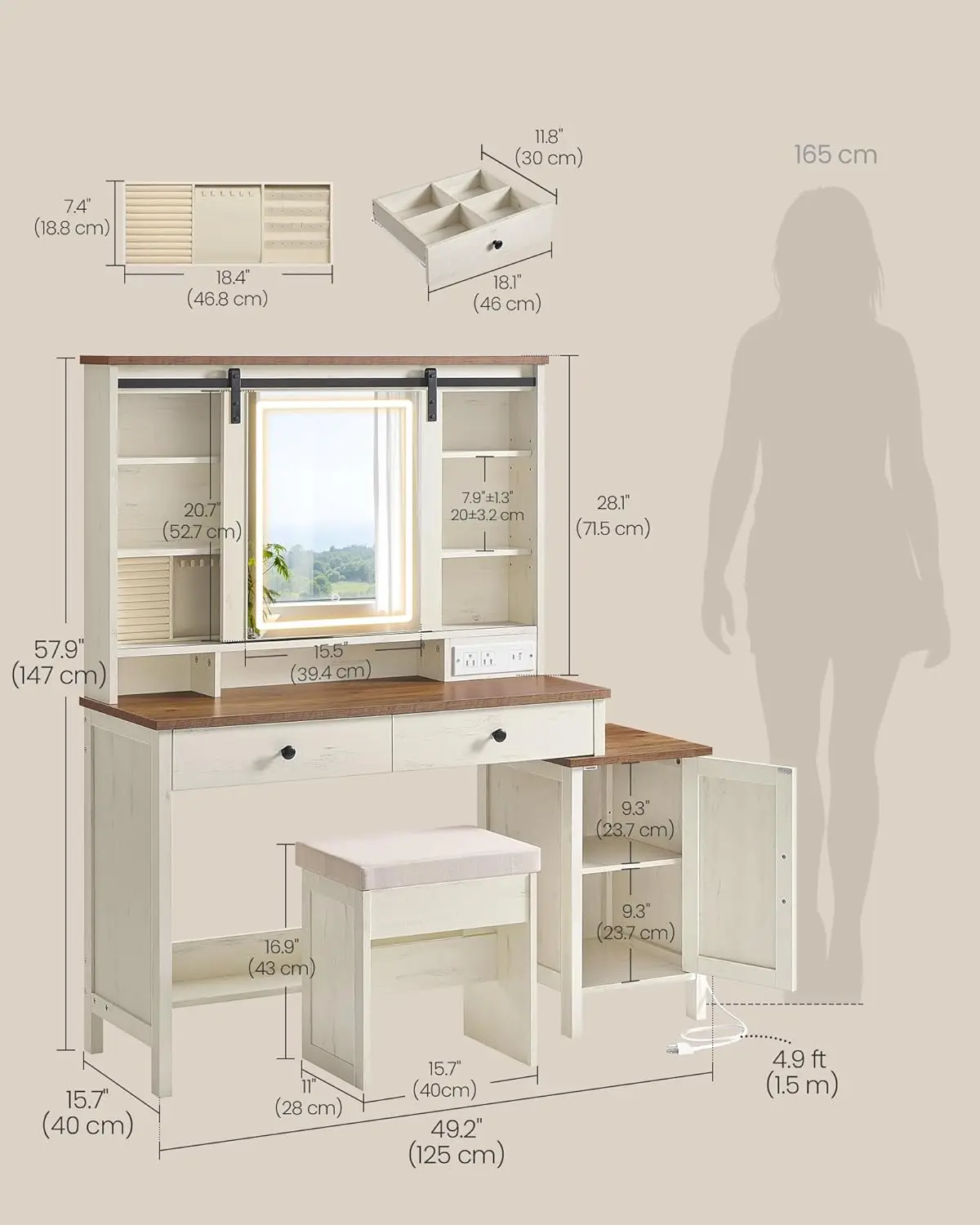 Rustic White and Honey Brown Farmhouse Makeup Vanity for Bedroom, with Wood Material, Stool, Charging Station & 2 Drawers view 5