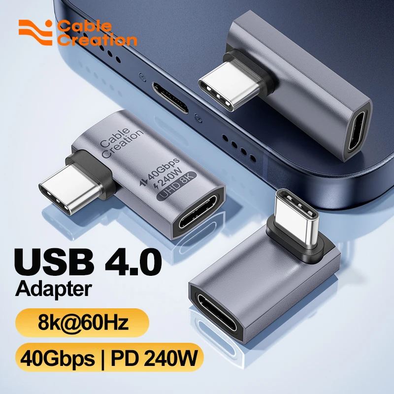 CableCreation USB‑C Male to Female Adapter 90Degree 240W PD Fast Charge 40Gbps OTG Connector for USB4 MacBook iPad Phone Laptop