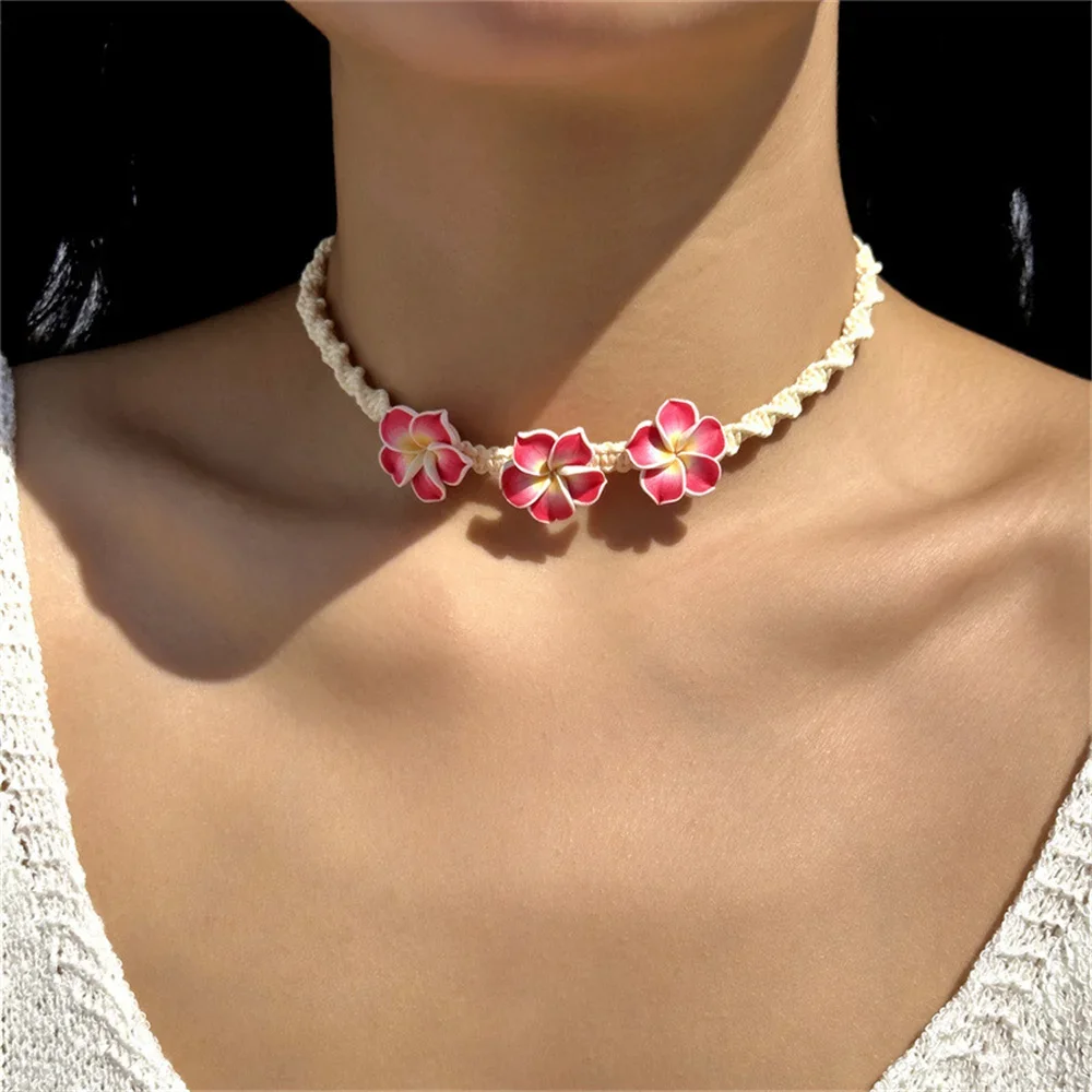 Summer Bohemian Polymer Clay Beads Flower Necklace for Women Handmade Woven Rope Chain Necklace Beach Jewelry Y2K Accessories